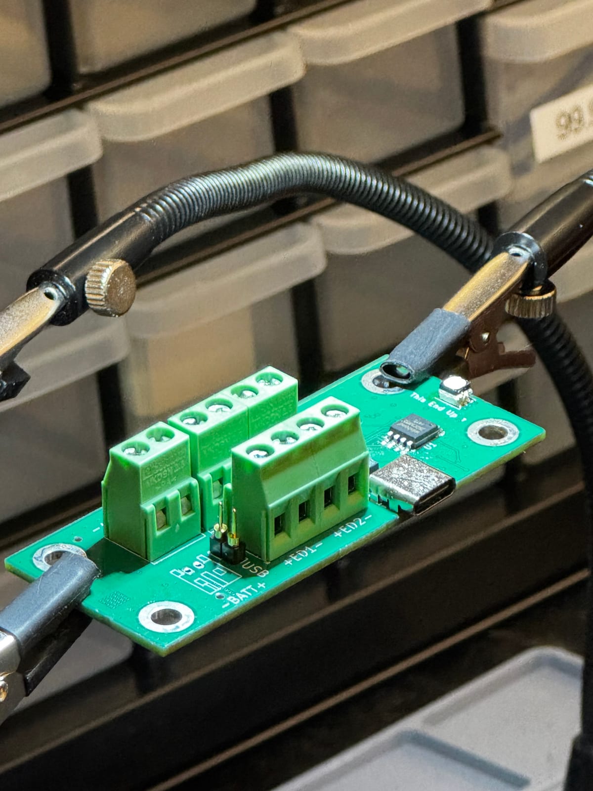 HAM Mini circuit board in a soldering fixture